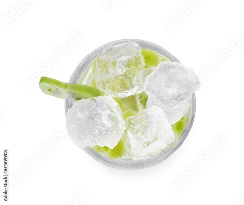 Glass of refreshing drink with kiwi isolated on white, top view