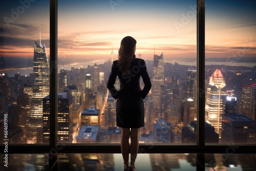 Elevated Perspective: A Female Executive's Inspiring View of the Cityscape from Her High-Rise Office