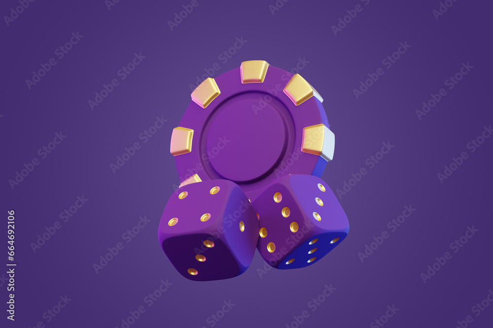 Casino chips and gambling dices on a purple background. Poker, blackjack, baccarat game concept. 3D render illustration Casino chips and gambling dices on a purple background. Poker, blackjack, baccarat game concept. 3D render illustration
