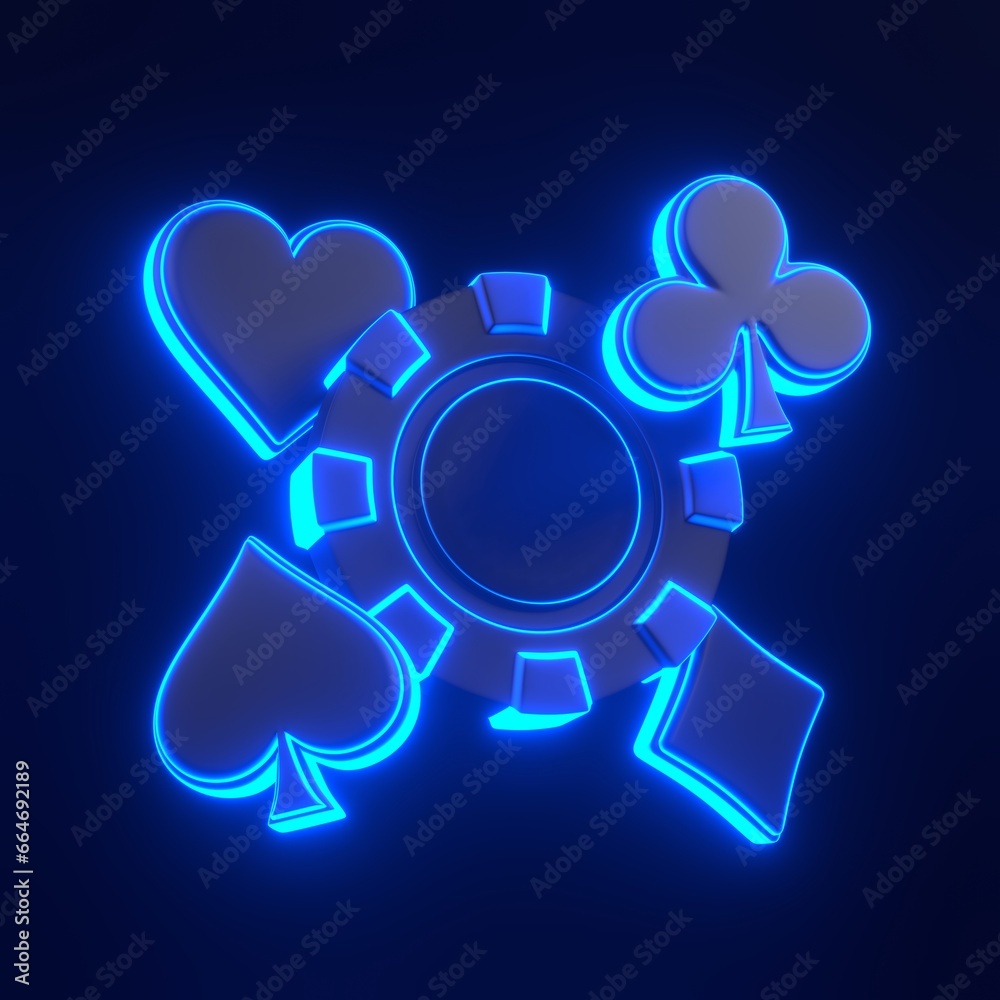Casino chips and aces cards symbols with futuristic neon blue lights on a black background. Poker, blackjack, baccarat game concept. Diamond, spade, heart and club icon. 3D render illustration