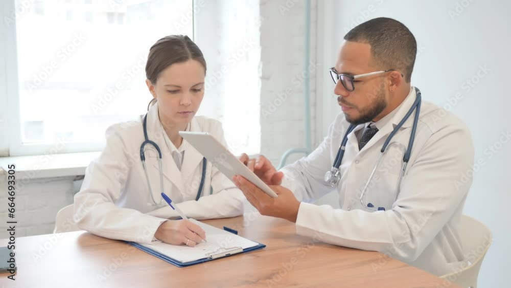 Team of Doctors Discussing Medical Report on Tablet Team of Doctors Discussing Medical Report on Tablet