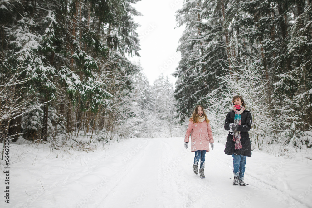 Funny teen sisters having fun on a walk in snow covered pine forest on chilly winter day. Teenage girls exploring nature.