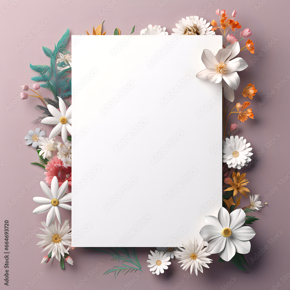 Piece of notebook paper over creative flowered borders 3d illustration