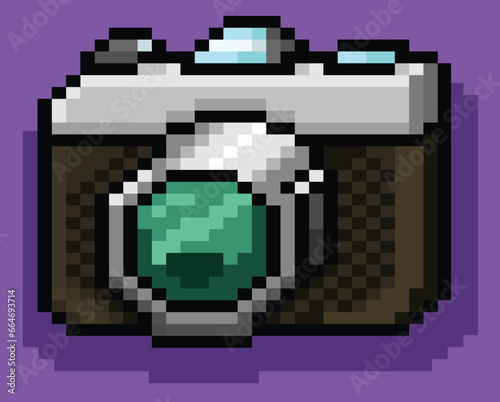 Photo camera from the 90s.Camera Pixel art, Pixel art vector photo camera.