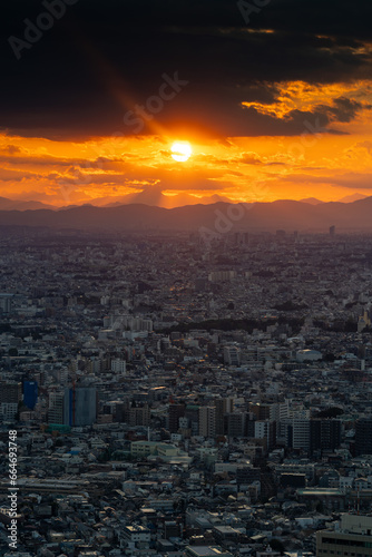 Tokyo city view with sun at sunset time. © hit1912