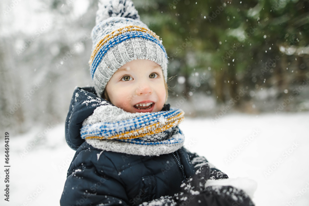 Cute toddler boy having fun on a walk in snow covered pine forest on chilly winter day. Child exploring nature. Cute toddler boy having fun on a walk in snow covered pine forest on chilly winter day. Child exploring nature.