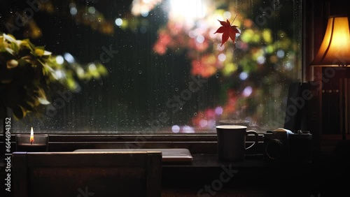 Rainy scenery at night, rain and raindrops flowing on the window glass, red autumn maple trees and leaves, a cozy room with coffee, and relaxation in a cafe
