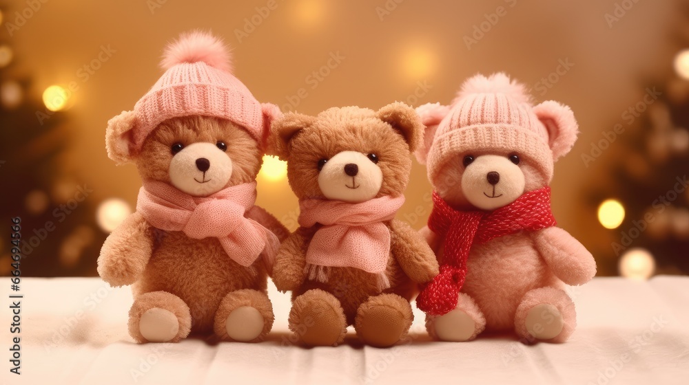 Fototapeta premium Teddy bears wearing a Santa hat on a festive New Year's background. Christmas card with animals. present.