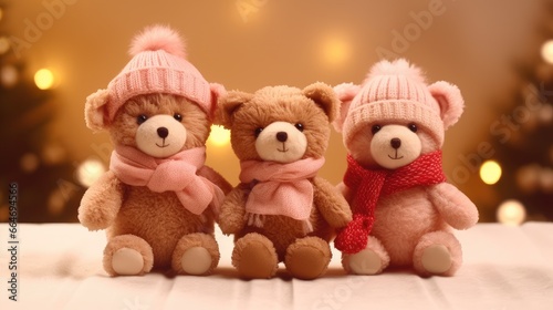 Teddy bears wearing a Santa hat on a festive New Year's background. Christmas card with animals. present.