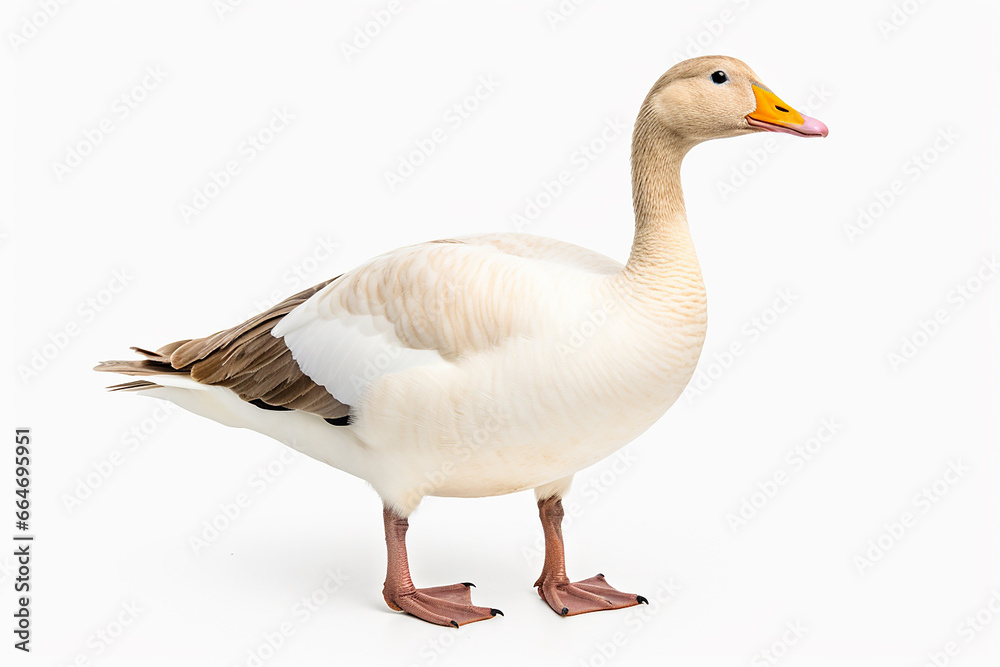 The front side portrait of an Embden or white common goose, is standing on the white background, shot in a studio. Generative AI.