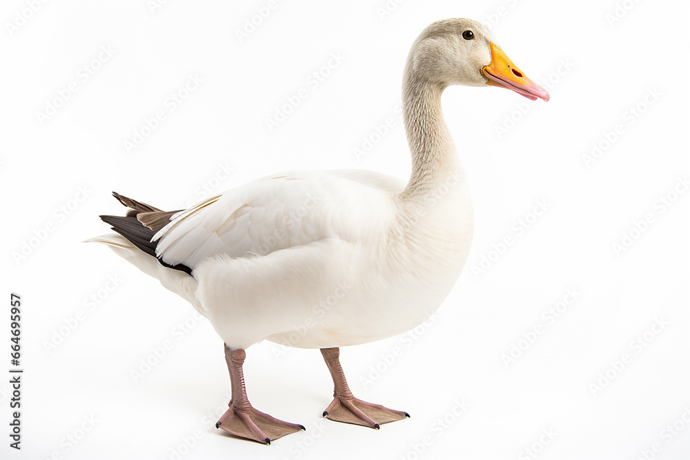 The front side portrait of an Embden or white common goose, is standing on the white background, shot in a studio. Generative AI. The front side portrait of an Embden or white common goose, is standing on the white background, shot in a studio. Generative AI.