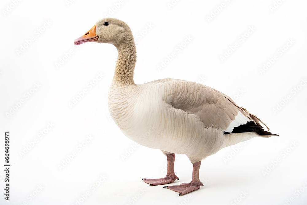 The front side portrait of an Embden or white common goose, is standing on the white background, shot in a studio. Generative AI. The front side portrait of an Embden or white common goose, is standing on the white background, shot in a studio. Generative AI.