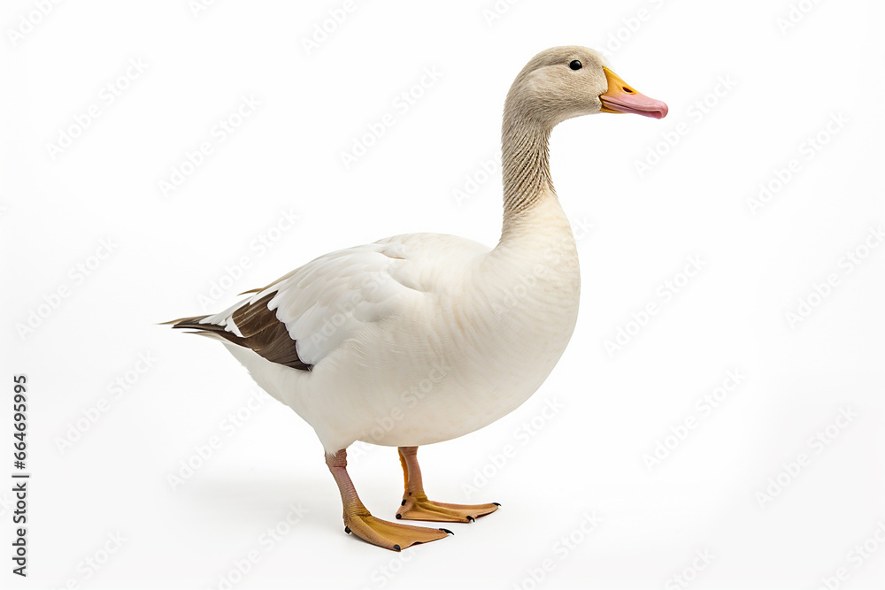 The front side portrait of an Embden or white common goose, is standing on the white background, shot in a studio. Generative AI. The front side portrait of an Embden or white common goose, is standing on the white background, shot in a studio. Generative AI.