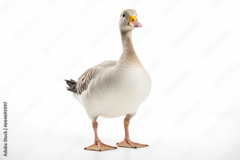 The front side portrait of an Embden or white common goose, is standing on the white background, shot in a studio. Generative AI. The front side portrait of an Embden or white common goose, is standing on the white background, shot in a studio. Generative AI.