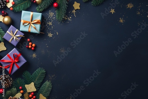 a colorful christmas border with gifts  christmas leave and little lamps decoration  navy background for flat lay  generative ai