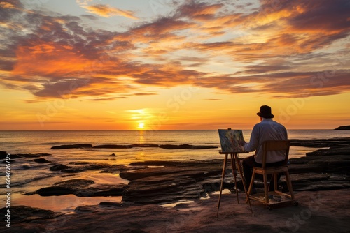 A lone artist painting a sunset on a quiet beach, easel and palette.
