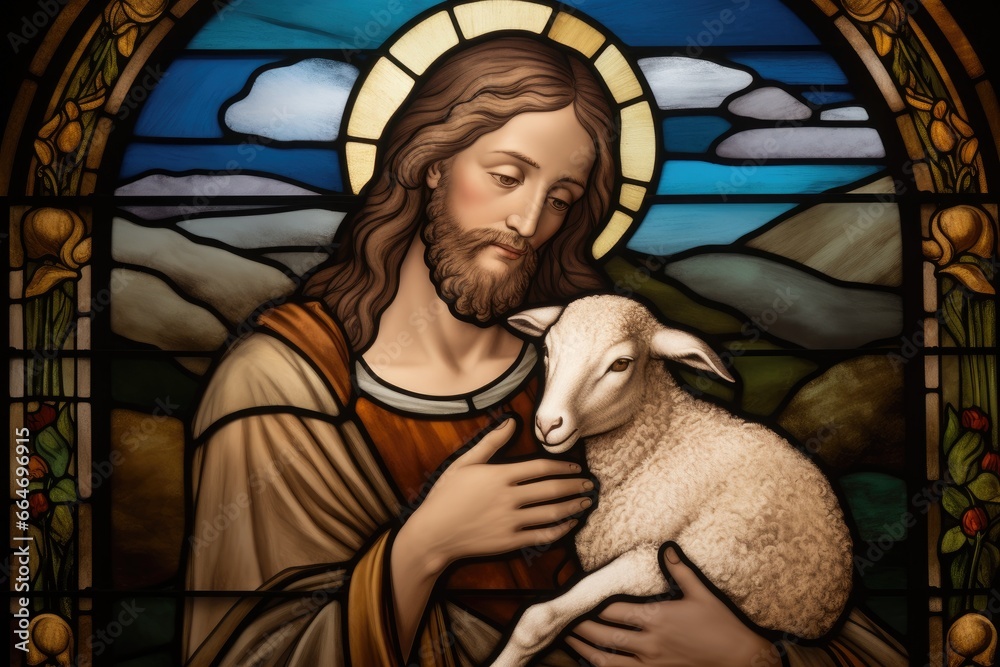 Stained glass representation of Jesus with lamb.