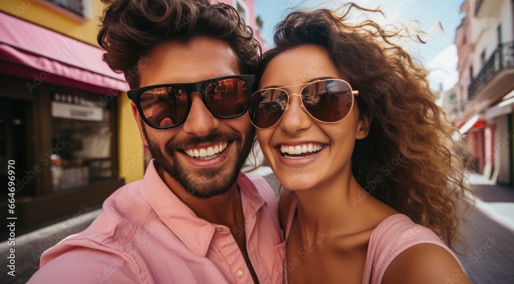 A happy vogue fashion couple taking selfies with bright solid light color clothes in summer A happy vogue fashion couple taking selfies with bright solid light color clothes in summer