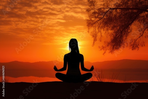 Sunset yoga, silhouette of a woman against an orange sky, peaceful meditation.