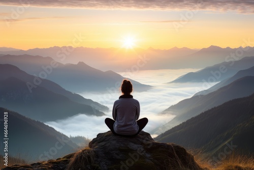 Woman meditating on mountain peak  sunrise horizon and calmness.