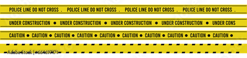 Set of different danger tapes. Tapes with text Under construction, Caution Danger, Police line do not cross