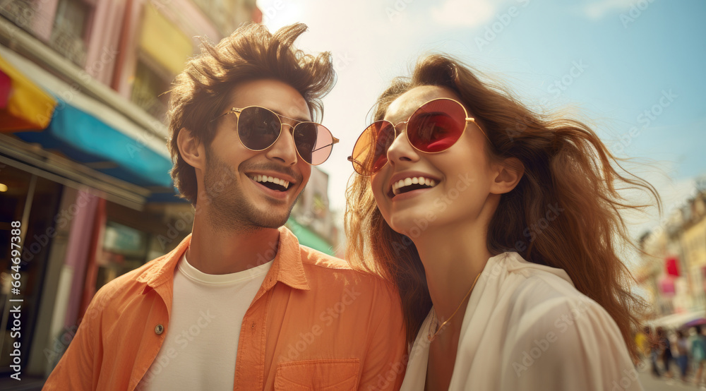A happy vogue fashion couple taking selfies with bright solid light color clothes in summer A happy vogue fashion couple taking selfies with bright solid light color clothes in summer
