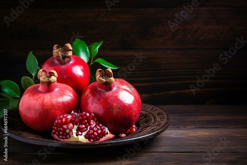 Pomegranate fruit on a plate with a wooden background. Generative AI