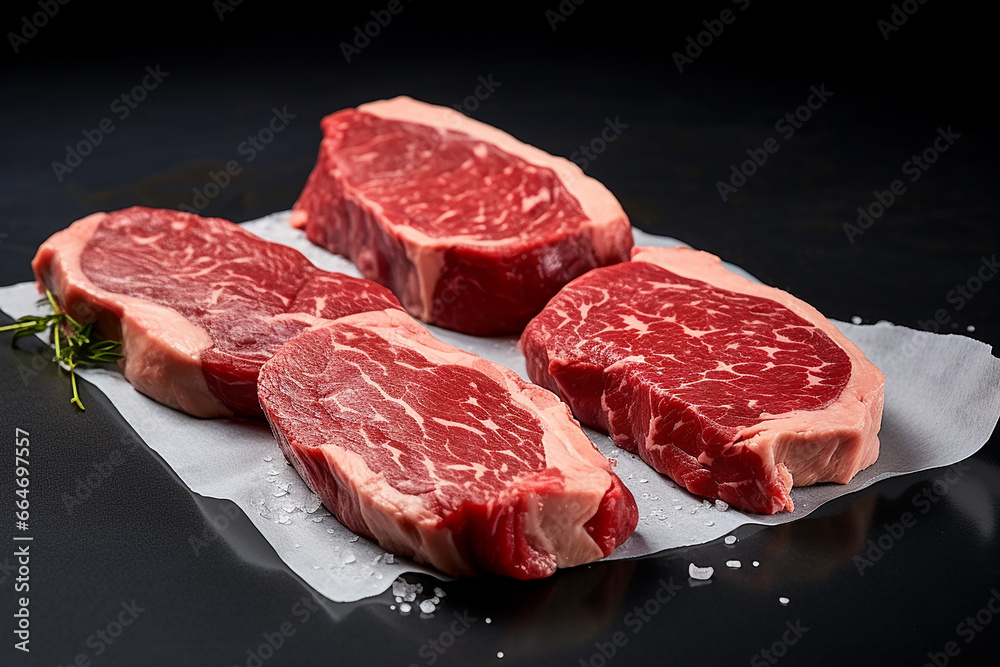 The close up detail of a raw meat steaks with seasoning for grilling on parchment or baking paper isolated on black background. Generative AI.