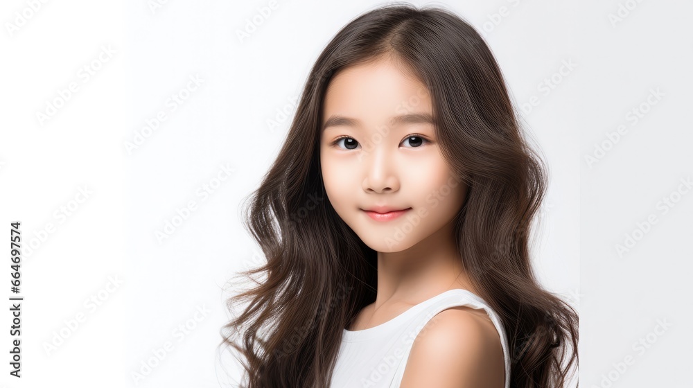 photo portrait of a beautiful young asian American model teen girl looking forward. child ad with copy space, cute, kids, children, beauty, pretty