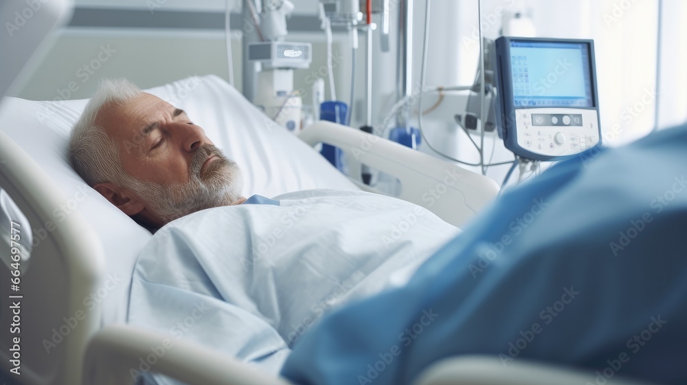 patient lying on bed on background. Worker checking patient information on digital tablet, hospital, medicine, illness, ward, bed, recovery, clinic, sick.