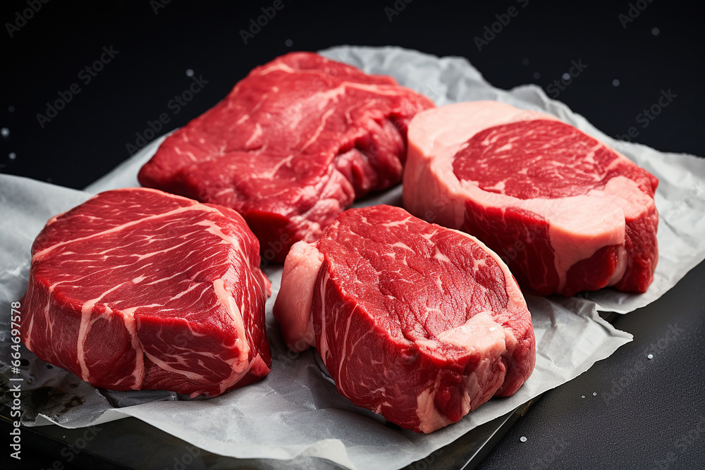 The close up detail of a raw meat steaks with seasoning for grilling on parchment or baking paper isolated on black background. Generative AI.