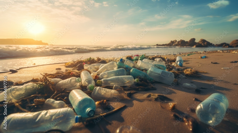 Save water.trash garbage at the beach and plastic bottles are difficult decompose prevent harm aquatic life. Earth, Environment, Greening planet, reduce global warming, Save world