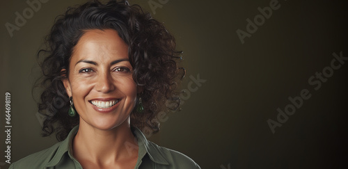 Middle aged Hispanic woman smiling, close up portrait, copy space photo