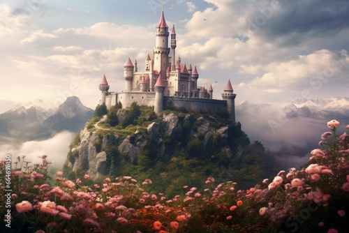A hilltop castle surrounded by flowers and a foggy sky with some clouds. Generative AI photo