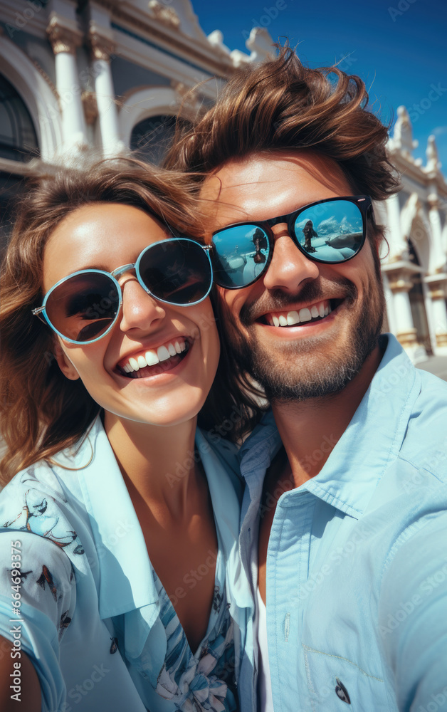 A happy vogue fashion couple taking selfies with bright solid light color clothes in summer A happy vogue fashion couple taking selfies with bright solid light color clothes in summer