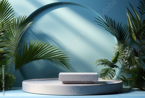 3D background  stone podium display set on blue backdrop with curtain and palm shadow