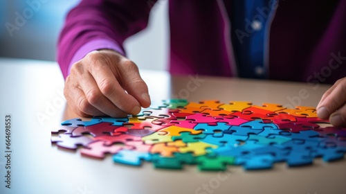 A person placing a piece of puzzle on a table. Generative AI.