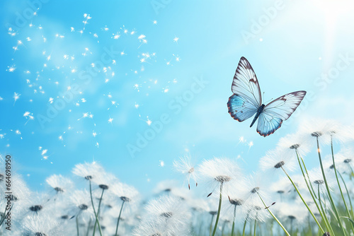 The view of a white white and blue common butterfly grabbing on the dandelion flower in a field on a sunny day while white dandelion seeds floating over the clear sky. Generative AI.