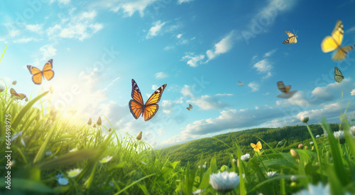 The view of a white white and blue common butterfly grabbing on the dandelion flower in a field on a sunny day while white dandelion seeds floating over the clear sky. Generative AI.