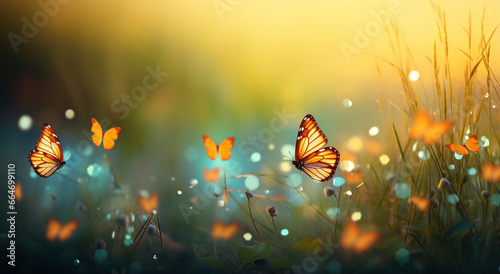 The view of a white white and blue common butterfly grabbing on the dandelion flower in a field on a sunny day while white dandelion seeds floating over the clear sky. Generative AI. © Surachetsh