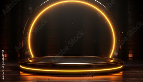 neon background 3d frame on dark, in the style of minimalist stage designs, yellow and bronze