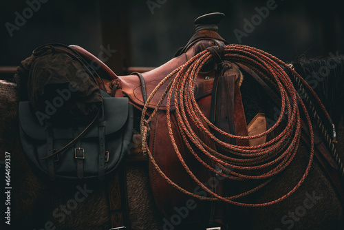 western saddle with lariat rope and saddle bags photo