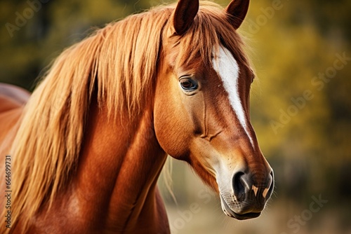 Close-up of a beautiful chestnut horse against a blurry backdrop. Generative AI