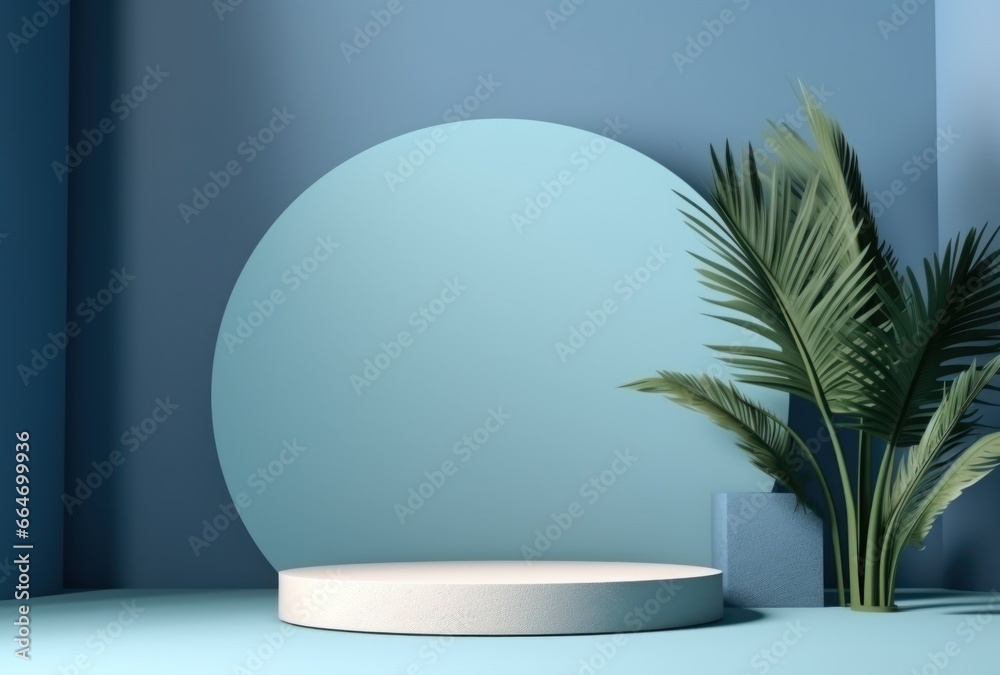 3D background, stone podium display set on blue backdrop with curtain and palm shadow