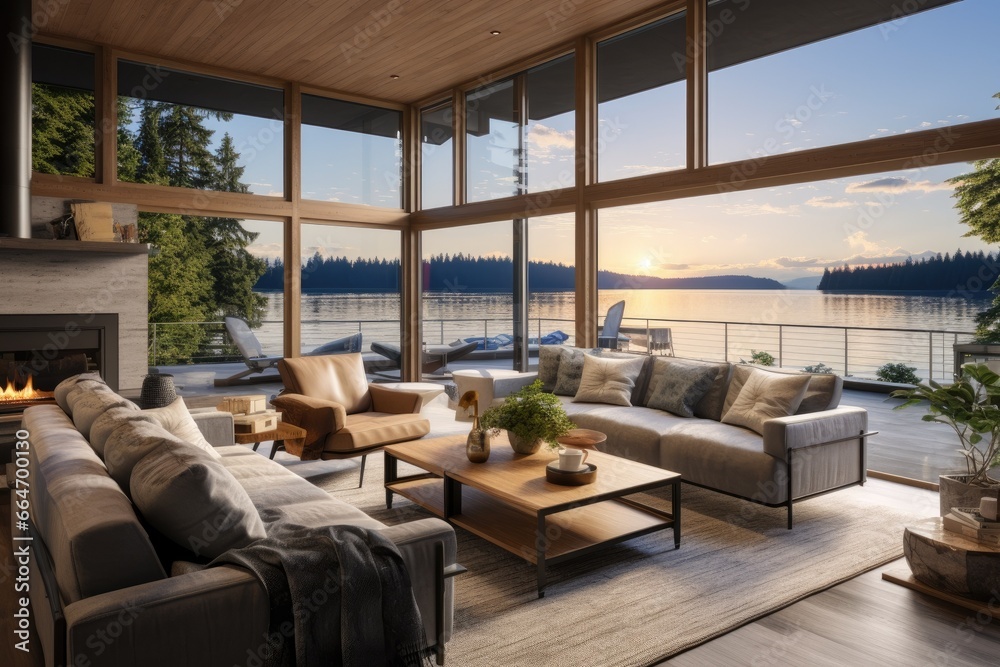Fototapeta premium Waterfront Home Interior at Sunset, Featuring Comfy Sofas, Wooden Accents, and Breathtaking Lake Vistas Framed by Tall Pine Trees