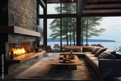 Lakeside Living Room with Roaring Fireplace, Stone Accent Wall, and Expansive Glass Windows in Autumn © Bryan
