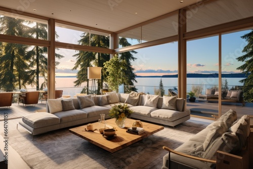Coastal Living Room with Panoramic Ocean Views  Large Windows  Elegant Neutral-Toned Furnishings  and Serene Sunset Ambiance