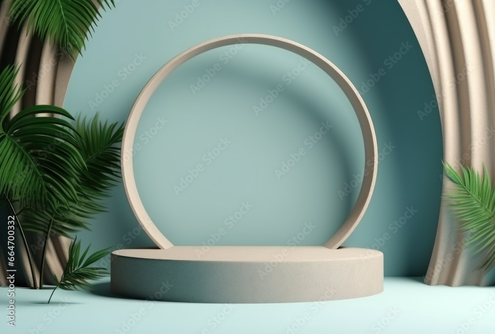 3D background, stone podium display set on blue backdrop with curtain and palm shadow 3D background, stone podium display set on blue backdrop with curtain and palm shadow