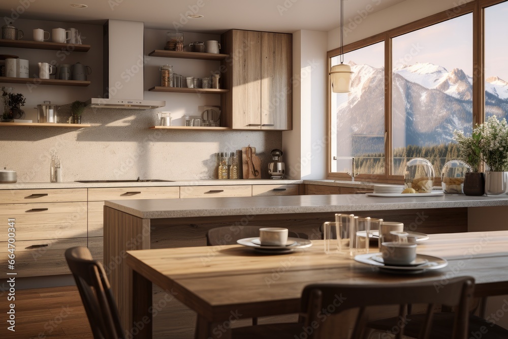 Modern Rustic Kitchen with Open Shelving, Sunlit Wood Accents, Mountain View, and Premium Kitchenware Display, Early Light