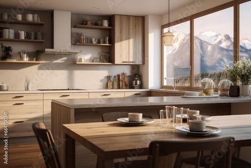 Modern Rustic Kitchen with Open Shelving, Sunlit Wood Accents, Mountain View, and Premium Kitchenware Display, Early Light
